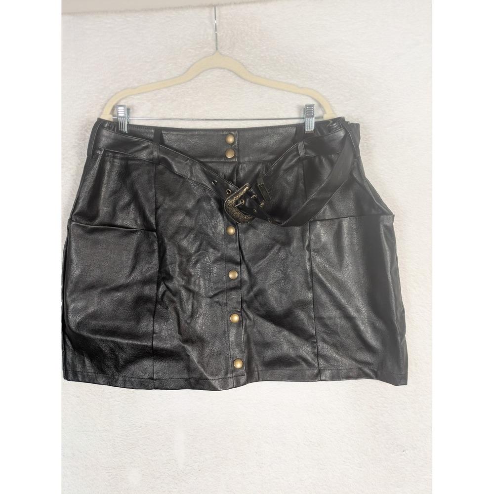 Fashion Nova Skirt Women's 2XL Black Faux Leather Button Front Western Belted
